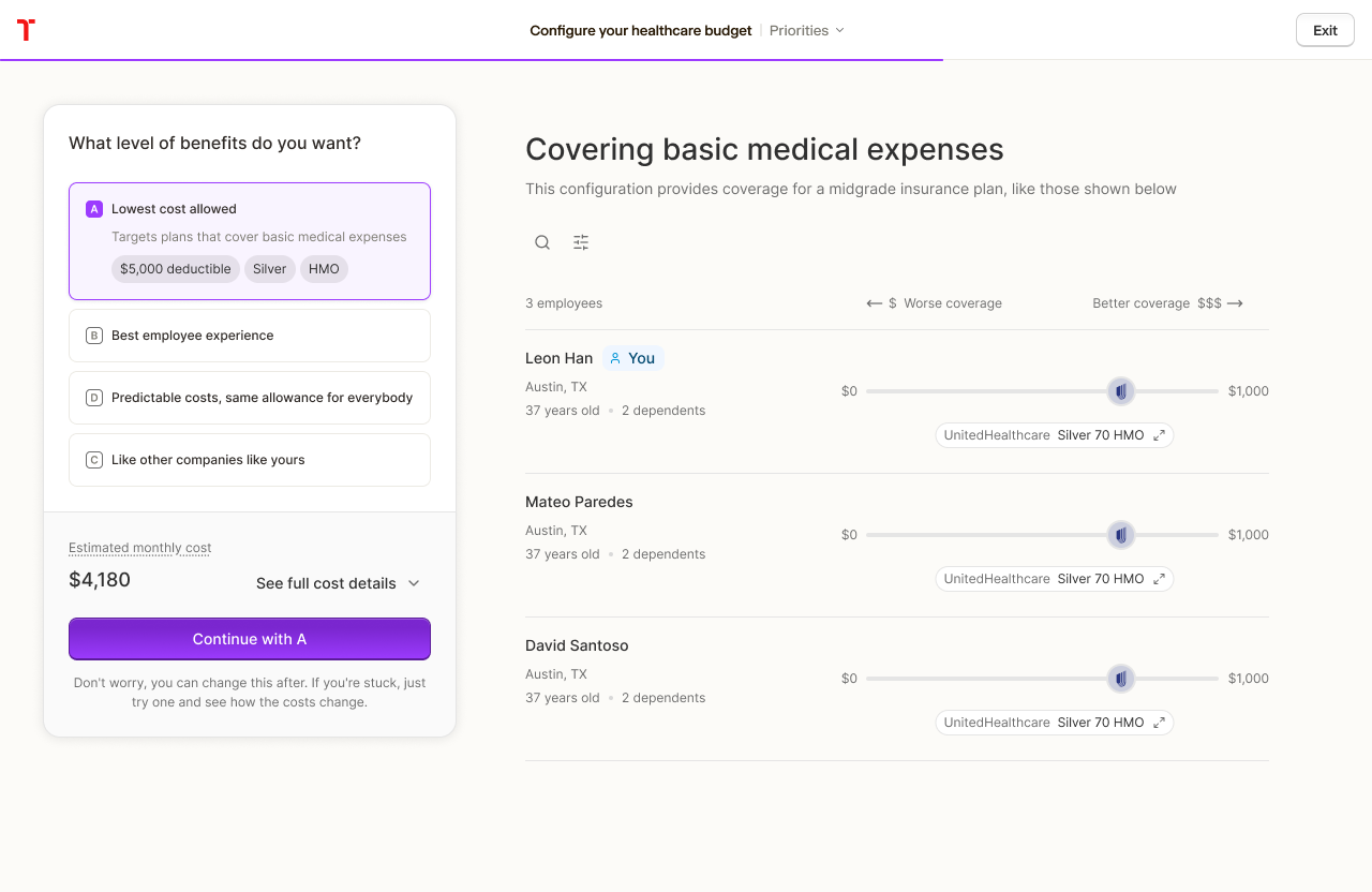 A two-column layout with the budget controls beside the employee impact
